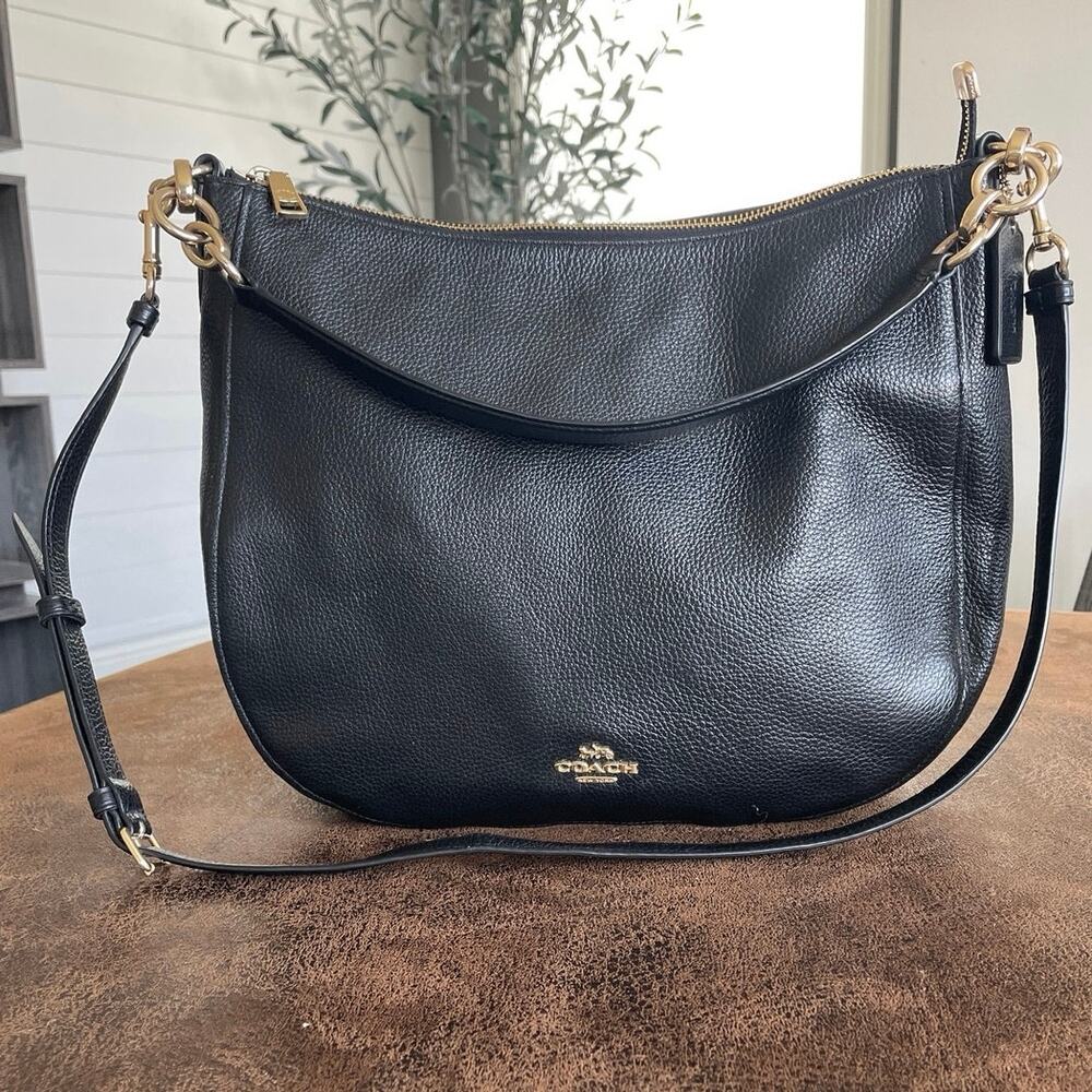 COACH PEBBLE LEATHER ELLE SADDLE HOBO SHOULDER BAG CROSSBODY / Black
